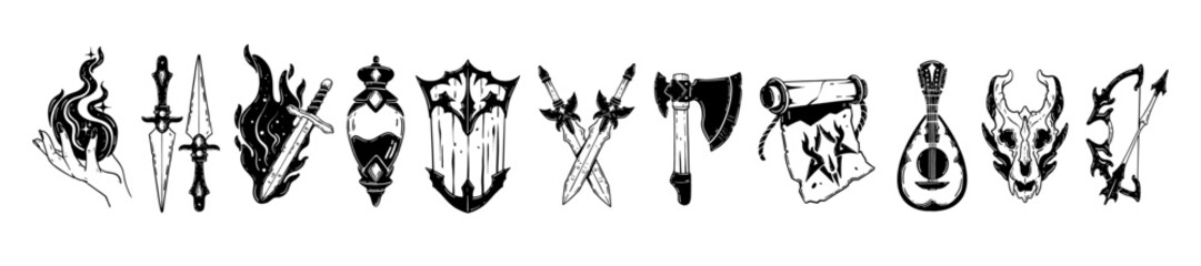 fantasy rpg icon set, vector hand drawn dark line magic illustration, fairy tale black sign, axe. du