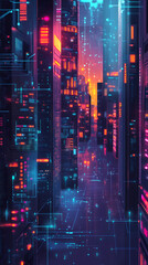 Leinwandbilder - Futuristic cityscape glowing with neon lights, digital data streams revealing technological urban landscape at sunset