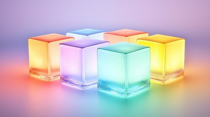 Poster - Colorful Glowing 3D Cubes in High-Tech Arrangement on Soft Gradient Background