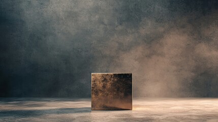 Poster - Futuristic Metallic Cube with Mirrored Surface on Geometric Background