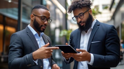 Leinwandbilder - Two professionals in suits discuss a project using a tablet in a modern outdoor setting, showcasing collaboration and technology.