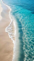 Poster - A tranquil stretch of beach unfolds below, with gentle waves lapping at the soft golden sands. The vibrant turquoise waters glisten under the warm sunlight, inviting relaxation