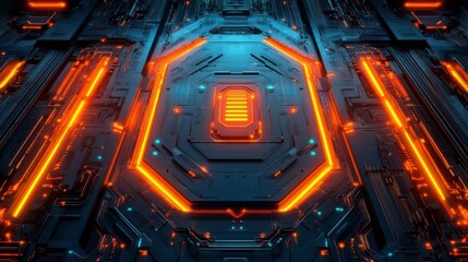 Poster - A futuristic, digital background featuring glowing orange lines and geometric patterns on a dark surface.