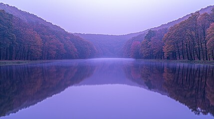 Canvas Print - Autumn trees surround a misty lake, landscape background