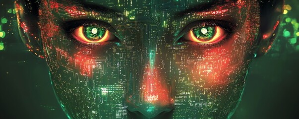 Poster - Futuristic abstract human face with glowing neon circuit board patterns, reflecting the evolution of technology and its connection to human identity