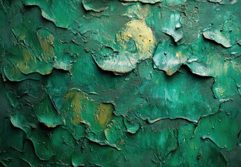 Poster - Abstract textured surface with layers of green and yellow paint, showcasing peeling and cracked patterns for artistic backgrounds and design projects