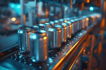 Poster - Automated Beverage Cans Moving on Conveyor Belt in Industrial Production Facility with Warm Lighting and Metallic Finish