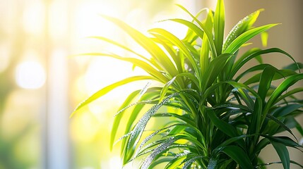 Wall Mural - Sunlit green plant with dew drops.