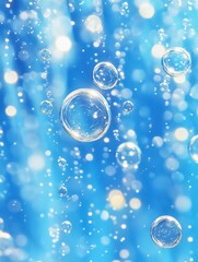 Poster - Bright and Sparkling Water Bubbles Rising in a Soft Focus with Blue Background and Glittering Effects, Capturing the Beauty of Underwater Serenity and Calmness