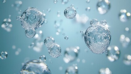 Poster - Bubbles Rising in Clear Water with a Soft Blue Background, Capturing the Beauty of Water Dynamics and Light Reflections in a Tranquil Environment