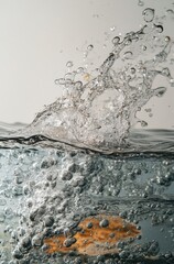 Poster - Bubbles and Splashing Water Creating Dynamic Patterns Above Delicious Food Item in Clear Liquid Environment with Bright Background
