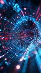 Poster - Glowing fiber optic cables transmitting digital data through luminous technological network tunnel