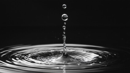 Poster - Captivating Black and White Image of Water Droplet Creating Ripples in a Pool, Highlighting the Beauty of Nature's Fluid Dynamics