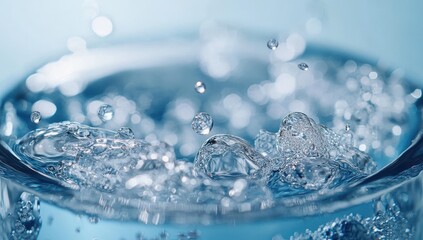 Poster - Captivating Close-Up of Water Droplets Splashing in a Clear Glass Container, Creating Stunning Ripples and Reflections on a Light Blue Background