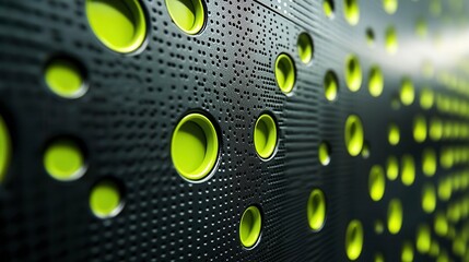 Poster - A close-up view of a textured black wall featuring circular green accents, creating a modern and vibrant design.