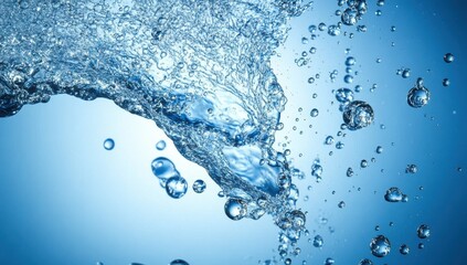 Poster - Captivating Close-Up of Water Splashing and Bursting with Vibrant Blue Background, Showcasing Crystal Clear Bubbles in Motion and Dynamic Fluid Dynamics