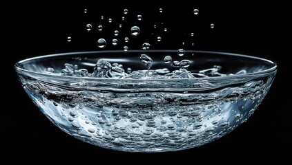 Poster - Captivating Close-up of Water Splashing in a Clear Glass Bowl with Bubbles Rising Against a Dark Background