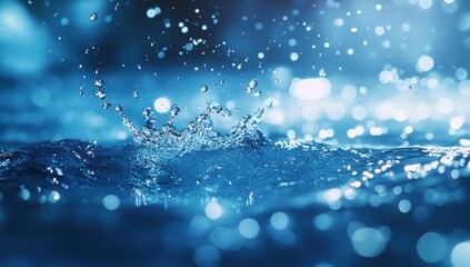 Poster - Captivating Close-Up of Water Splashing with Glowing Blue Bokeh Background, Evoking Sense of Serenity and Refreshment in Nature, Perfect for Wellness and Relaxation Themes