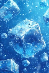 Poster - Clear Ice Cubes Floating in Blue Water with Bubbles, Close-Up of Frozen Water Formations in a Refreshing Underwater Scene