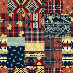 American native motifs tartan plaid fabric and outdoor elements patchwork abstract vector seamless pattern for scarf kerchief shirt fabric wrapping carpet rug pillow tablecloth