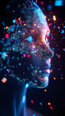 Poster - Human face generating from digital blocks, representing machine learning and artificial intelligence