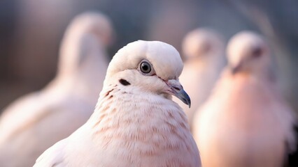 Poster - Close-up of a gentle light-colored bird possibly a dove or pigeon with soft feathers Other birds are softly blurred in the background
