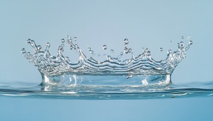 Poster - Close-Up of Water Splashing from Surface Creating Droplets and Ripples Against a Soft Blue Background for Nature and Beauty Themes