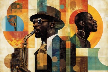 A captivating stylized portrait showcases two musicians, a saxophonist and a vocalist, celebrating the rich heritage of jazz culture in a visually striking, artistic composition.