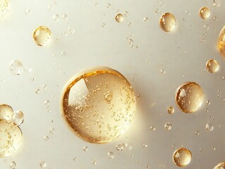 Poster - Close-Up View of Shimmering Droplets Capturing Light Against a Soft Background, Showcasing the Beauty of Nature’s Liquid Formations and Reflections