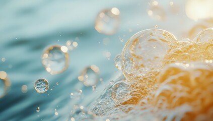 Poster - Close-Up View of Sunlit Water Bubbles and Gentle Waves Creating a Serene, Tranquil Atmosphere with Beautiful Reflections and Soft Focus Background