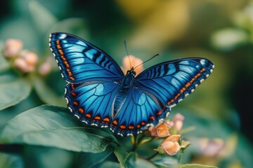 Vividly colored blue and red butterfly resting on a yellow flower.