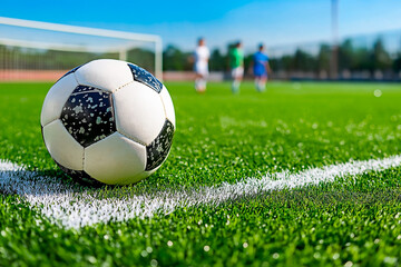 A soccer ball positioned on the grass field captures the essence of an active game day. Concept of outdoor activity, soccer competition, and thrill of soccer.