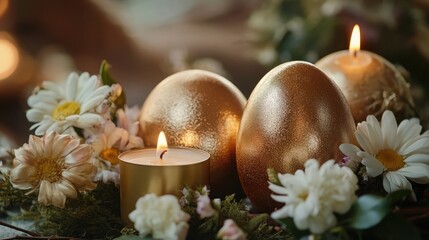 Poster - Elegant golden Easter egg candles with seasonal floral decorations for holiday themes