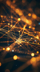 Fototapete - Golden network lines interweaving with soft bokeh, symbolizing digital connections, technological infrastructure against deep shadowy backdrop
