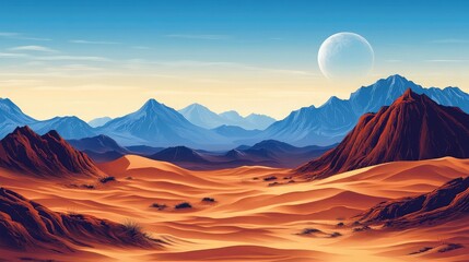 Poster - Digitally generated desert landscape with distant mountain ranges