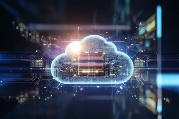 Poster - Futuristic Cloud Technology Concept with Circuit Board Design and Digital Data Flow