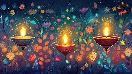 Poster - Diwali celebration background with glowing oil lamps and colorful floral designs