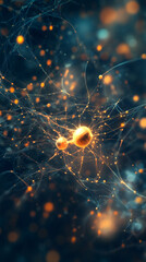 Poster - Neural network glowing golden, firing neurons transmitting data, symbolizing AI creativity with vibrant bokeh backdrop