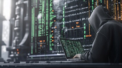 Poster - Mysterious Hooded Figure Engaged in Cyber Investigation with Digital Data Streams in Background