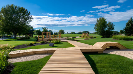 Aufkleber - Wooden walkway through a landscaped park with greenery and blue skies