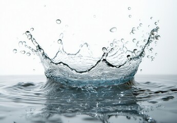 Poster - Crystal Clear Water Splash with Droplets Captured in Motion Against a White Background, Perfect for Nature or Liquid Themes in Stock Photography