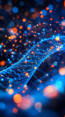 Fototapete - Network connections creating a digital stream of data, flowing and glowing with blue and orange lights