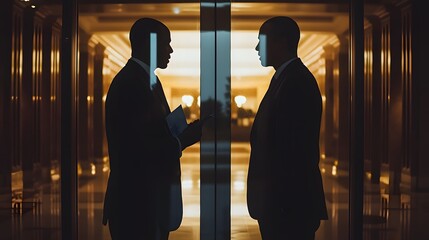 Poster - Silhouetted figures of two professionals collaborating over a business strategy through a glass window in a corporate office setting suggesting teamwork leadership