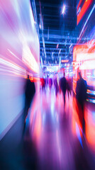 Poster - Businesspeople walking blurred through illuminated corridor, pink blue lights highlighting modern trade show space