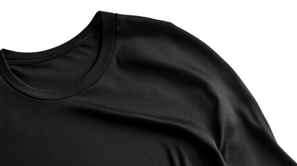 Black t-shirt with a classic round neck, softly draped on a white isolated background for creative and fashion designs.