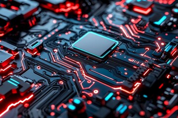 Poster - Close-Up of a High-Tech Circuit Board with Glowing Red and Blue Elements for Modern Technology Background