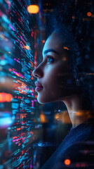 Poster - Female programmer analyzing source code on transparent display, night cityscape overlay, highlighting tech-driven professional workspace