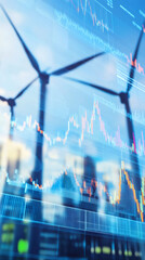 Poster - Candlestick graph showing wind turbine silhouettes on screen, symbolizing renewable energy financial investment strategy