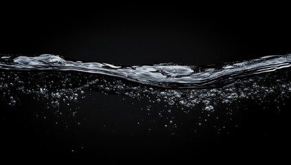 Poster - Flowing Water on a Black Background with Bubbles Creating an Elegant and Tranquil Atmosphere for Nature and Fluidity Themes in Visual Content