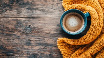 Fototapete - Soft textures of a knit scarf embrace a steaming mug of coffee, inviting warmth on a chilly day. Perfect for enjoying quiet moments at home, surrounded by rustic charm